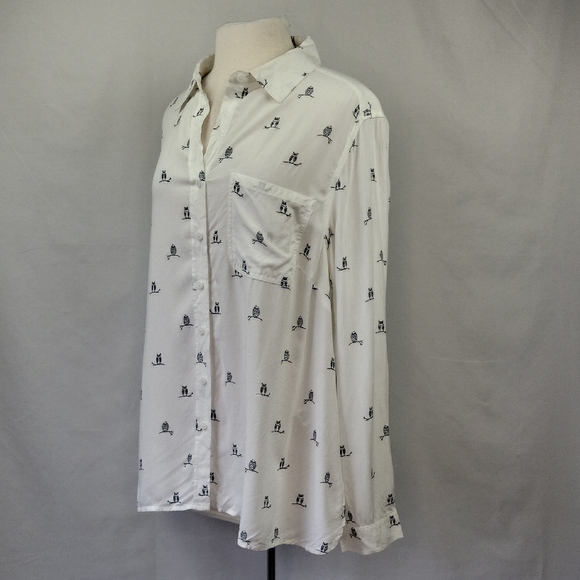Beachlunchlounge Owl Print Button Down White/Navy Size 1X NWT - Picture 1 of 14